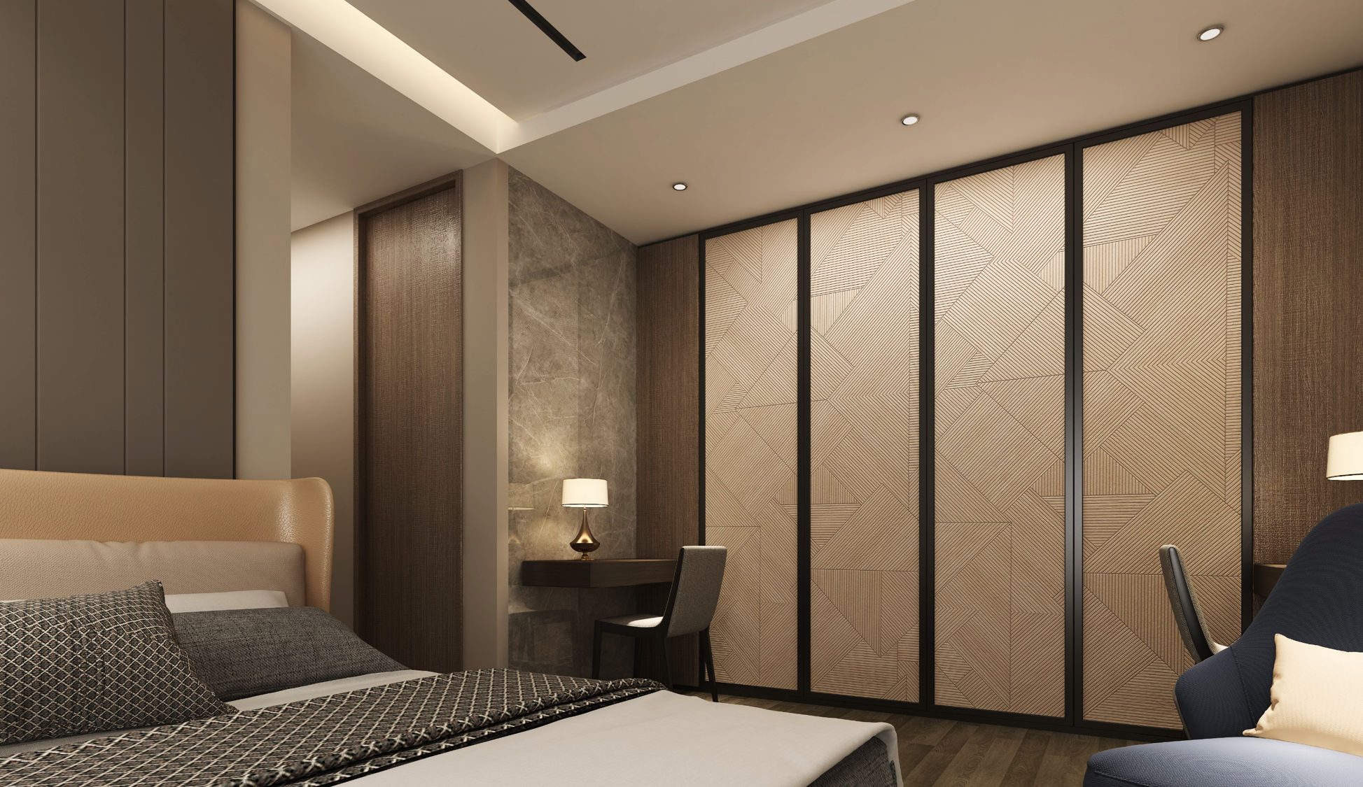 A Wardrobe cabinate application image of a HD 7043 Brown Decorative Laminate of 1.25 mm with a Texture finish available at Material Depot in Bangalore