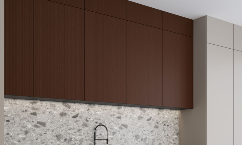 A Wardrobe or kitchen cabinate application image of a 8988 FT Brown Decorative Laminate of 0.8 mm with a Texture finish available at Material Depot in Bangalore