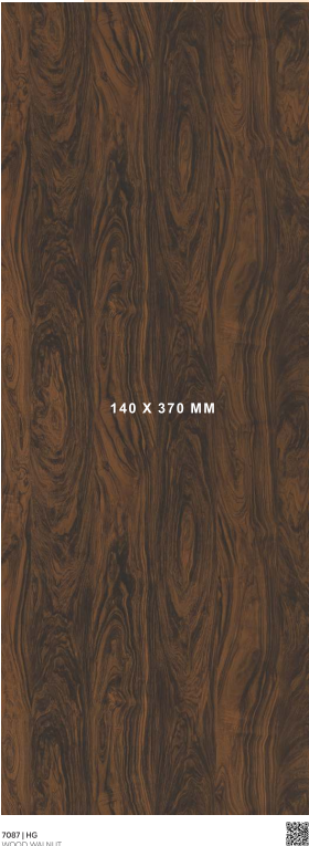 A close-up of a Brown 7087 HG Wood Walnut with a High Gloss finish Liner Laminate available at Material Depot in Bangalore