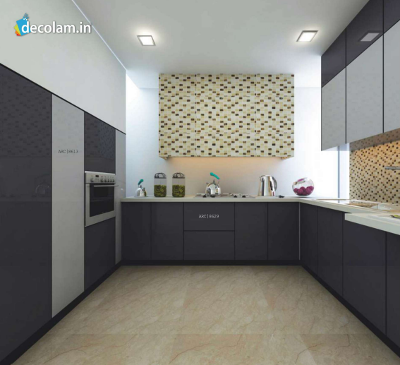 A kitchen cabinate application image of a ARC 8613 Harvor Grey Grey Acrylic Laminate of 1.5 mm with a High Gloss finish available at Material Depot in Bangalore