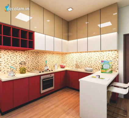 A kitchen cabinate application image of a ARC 8614 Jailsermer Cream Cream Acrylic Laminate of 1.5 mm with a High Gloss finish available at Material Depot in Bangalore