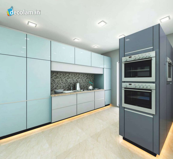 A kitchen cabinate application image of a ARC 8616 Silver Grey Acrylic Laminate of 1.5 mm with a High Gloss finish available at Material Depot in Bangalore