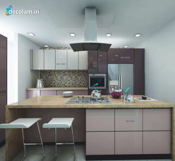 1.5 mm Brown ARC 8659 Old Pearl Acrylic Laminate applied on a kitchen cabinate with High Gloss finish available for sale at Material Depot in Bangalore