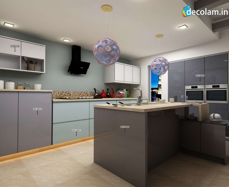 A kitchen cabinate application image of a SA 13612 Steal Grey Grey Acrylic Laminate of 1.25 mm with a High Gloss finish available at Material Depot in Bangalore