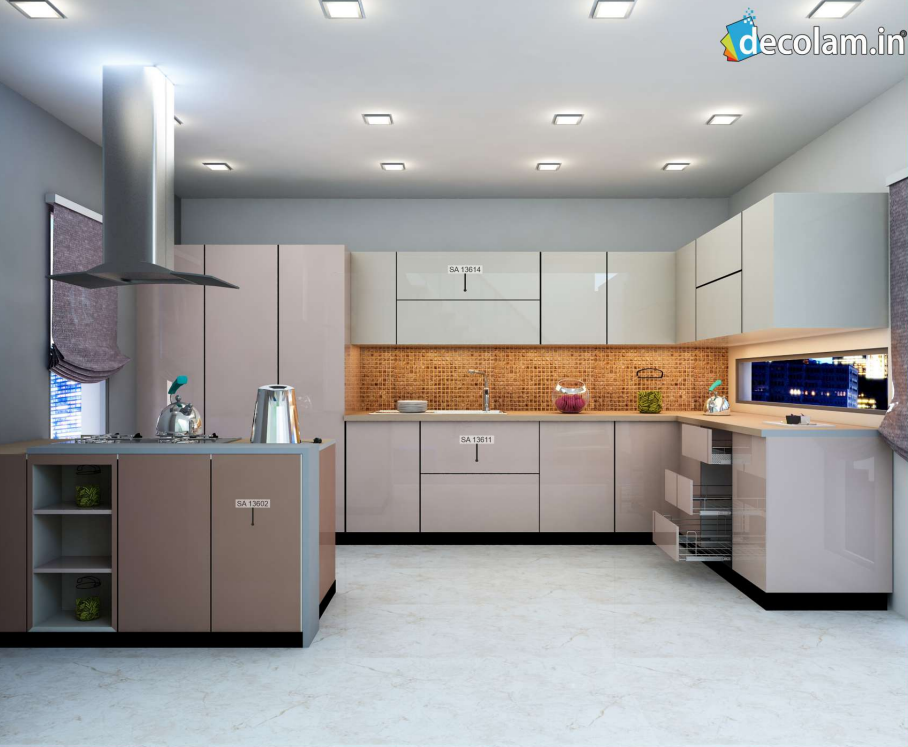 A kitchen cabinate application image of a SA 13614 Jailsermer Cream Beige Acrylic Laminate of 1.25 mm with a High Gloss finish available at Material Depot in Bangalore