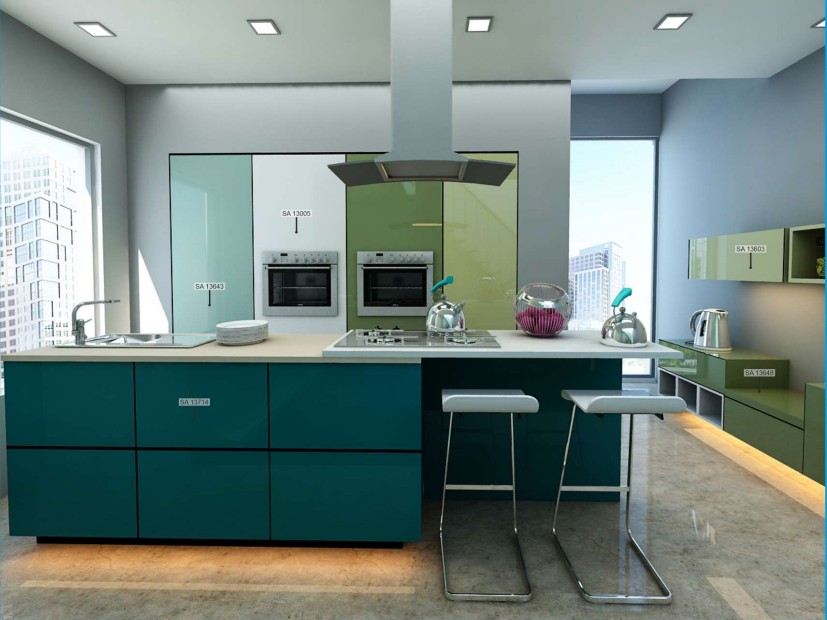 A kitchen cabinate application image of a SA 13643 Bean Green  Green Acrylic Laminate of 1.25 mm with a High Gloss finish available at Material Depot in Bangalore