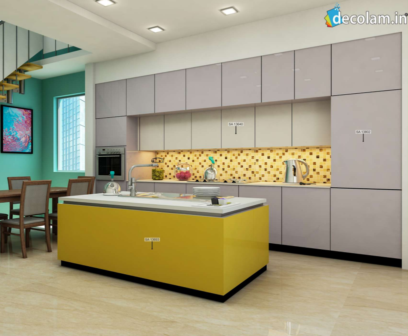 A kitchen cabinate application image of a SA 13693 Golden Yellow Yellow Acrylic Laminate of 1.25 mm with a High Gloss finish available at Material Depot in Bangalore