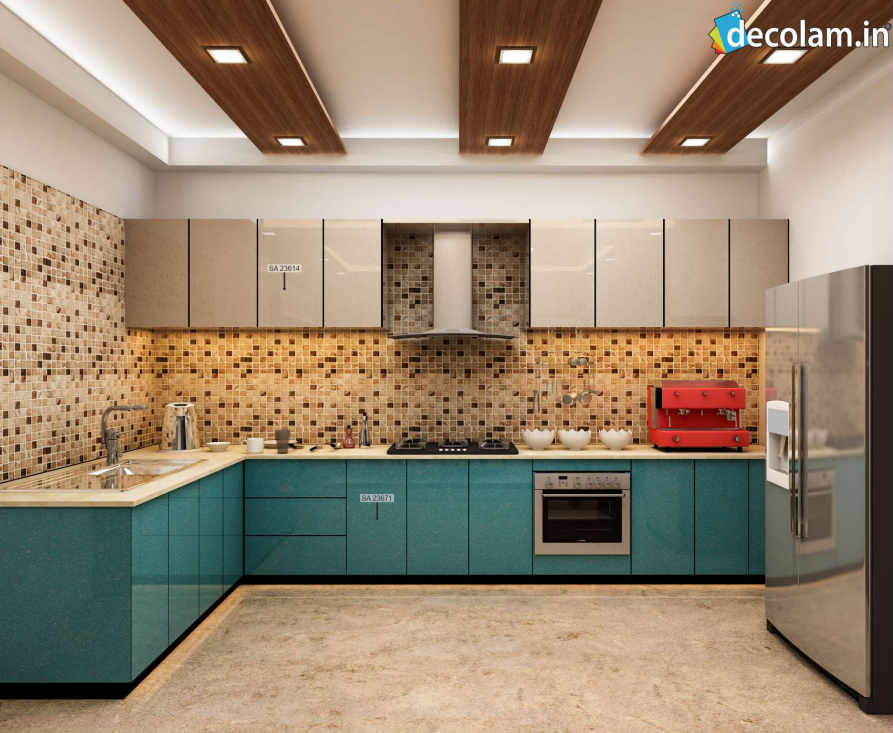 A kitchen cabinate application image of a SA 23671 Peacock Blue Sparkl Blue Acrylic Laminate of 1.25 mm with a High Gloss finish available at Material Depot in Bangalore