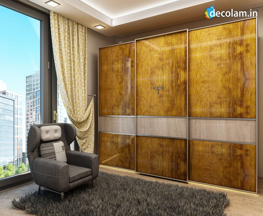 SA 5642 Vintage Square Wooden Brown Acrylic Laminate of 1.25 mm applied on wardrobe with a High Gloss finish available for sale at Material Depot in Bangalore