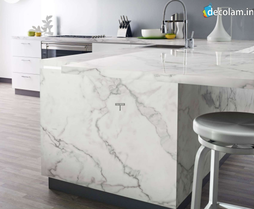 1.25 mm White SA 5669 Porcelain Marble Acrylic Laminate applied on a kitchen cabinate with High Gloss finish available for sale at Material Depot in Bangalore