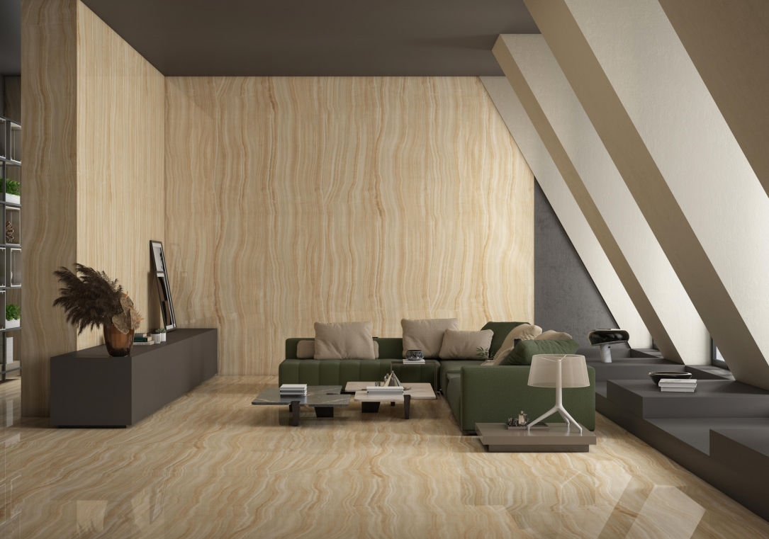 Honey Onyx Gold 1200x600 mm Glossy Finish Infinito Octane Glaze Vitrified Floor and Wall Tile - 9 mm | Image 2