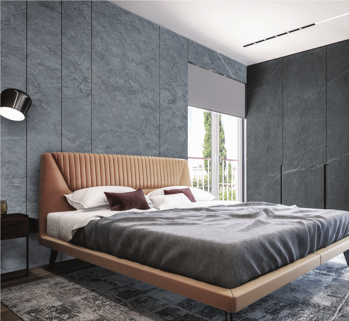 A wardrobe application image of a 1536 Memy Grey Stone Grey PVC Laminate of 1.25 mm with a Texture finish available at Material Depot in Bangalore