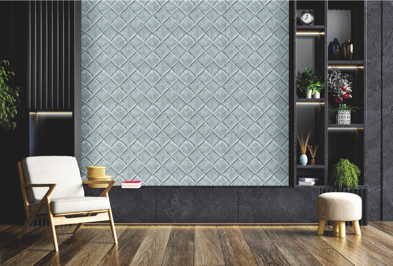 A wardrobe application image of a 2307 Grey Knitted Leather Silver PVC Laminate of 1.25 mm with a Texture finish available at Material Depot in Bangalore