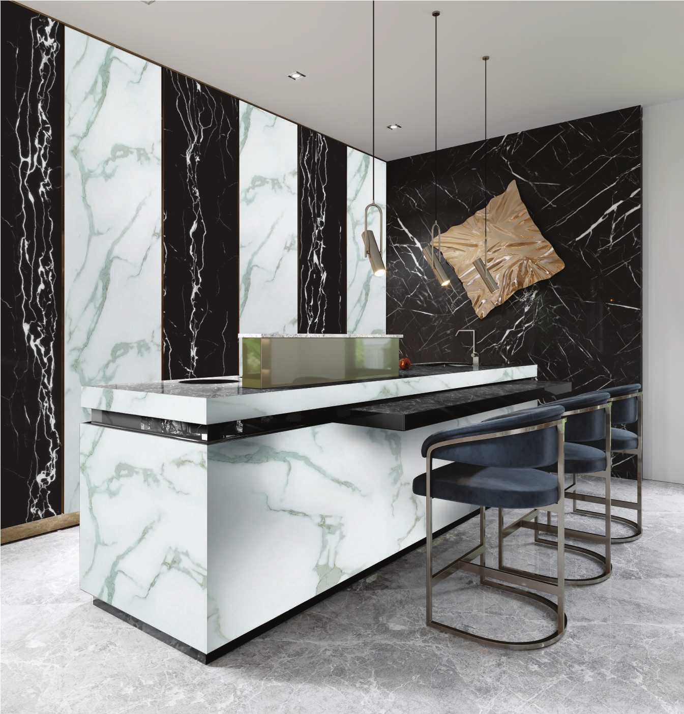 2905 Statuario Belgia Marble White PVC Laminate of 1.25 mm applied on kitchen cabinet with a Glossy finish available for sale at Material Depot in Bangalore