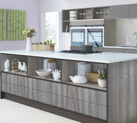 0.8 mm Grey 9105 HL 9105 HL Grey Silky Oak Decorative Laminate applied on a kitchen cabinet with Texture finish available for sale at Material Depot in Bangalore