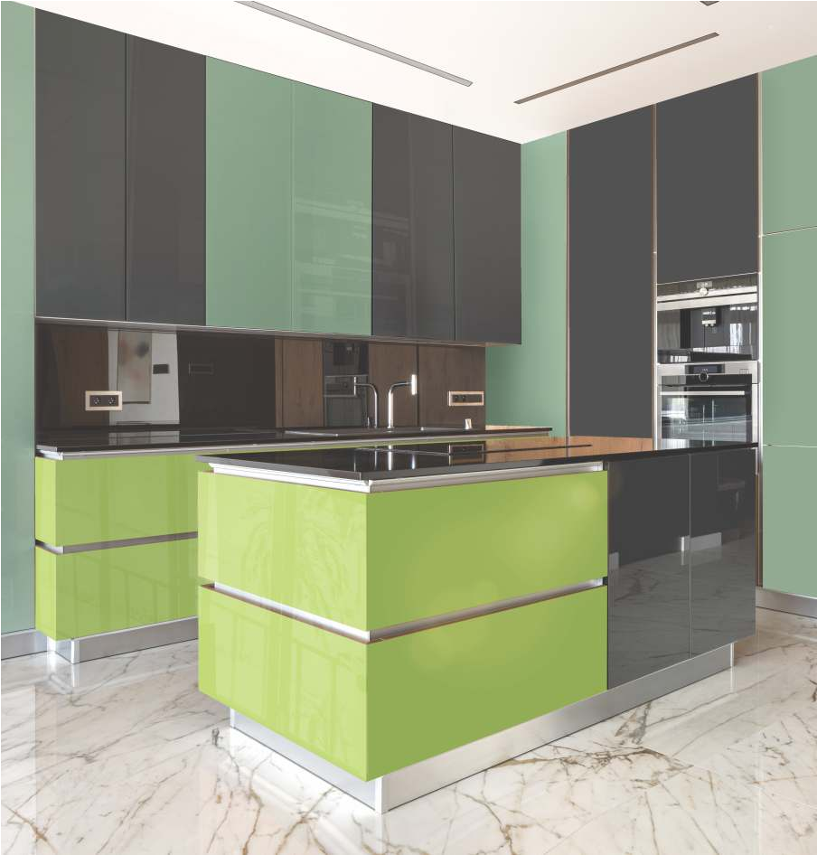 AR 1019 Dream Green Green Acrylic Laminate of 1.5 mm applied on kitchen cabinet with a Glossy finish available for sale at Material Depot in Bangalore