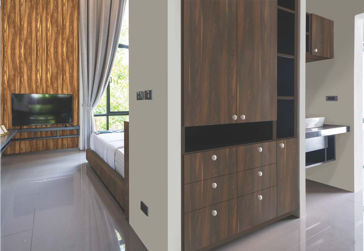 1 mm Brown SC3 5095 Kernel Walnut Decorative Laminate applied on a wardrobe with Texture finish available for sale at Material Depot in Bangalore