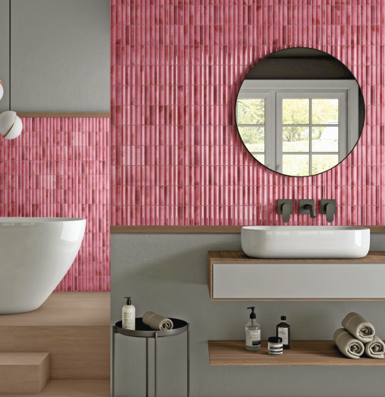 A close-up of a TL 03643 B Dusty Rose 300x100 mm Glossy Finish Ceramic Wall  Subway Tile - 8 mm  with a Glossy finish available at Material Depot in Bangalore