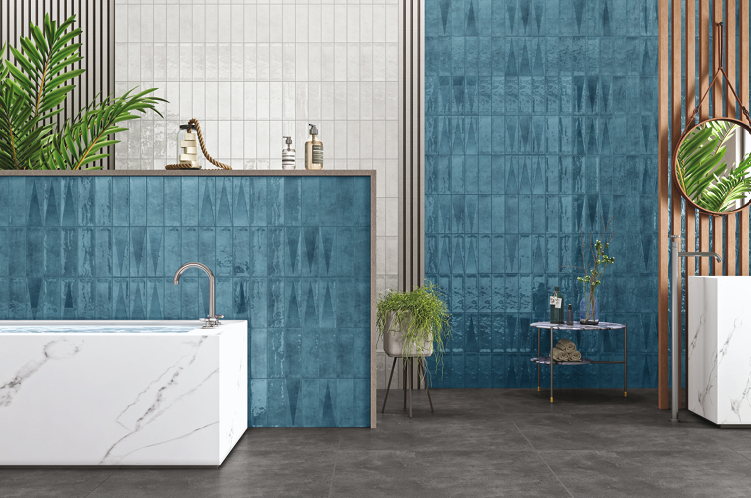 A close-up of a Subway Wall Tile TL 06164 N Solara Azure Zinc Base 9 x 3 inch Ceramic Glossy Finish - 10 mm | 25 Random Design | Suitable for Accent / Feature Walls, Bathroom, Kitchen Wall & Backsplashes with a Glossy finish available at Material Depot in Bangalore