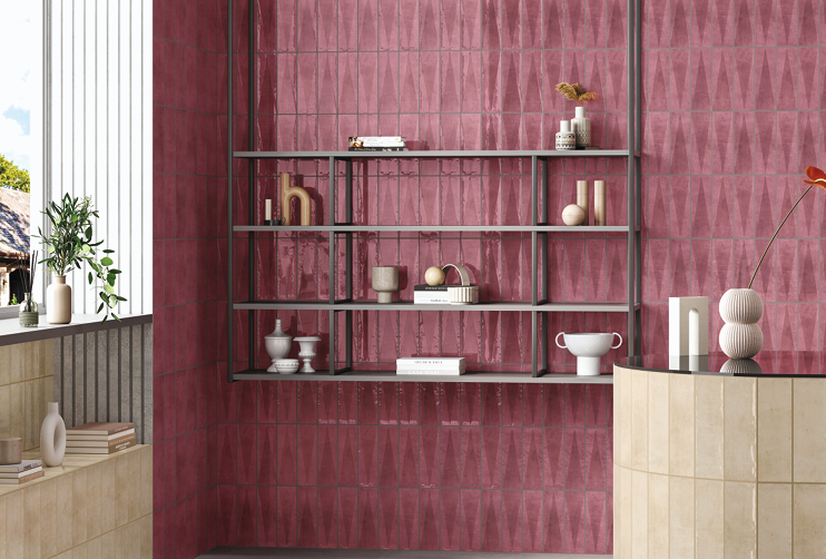 A close-up of a Subway Wall Tile TL 06164 Solara Coral Blush Decor 9 x 3 inch Ceramic Glossy Finish - 10 mm | 25 Random Design | Suitable for Accent / Feature Walls, Bathroom, Kitchen Wall & Backsplashes with a Glossy finish available at Material Depot in Bangalore