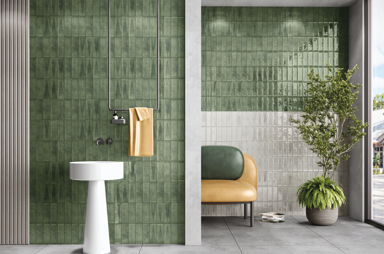 A close-up of a Subway Wall Tile TL 06164 L Solara Forest Green Base 9 x 3 inch Ceramic Glossy Finish - 10 mm | 25 Random Design | Suitable for Accent / Feature Walls, Bathroom, Kitchen Wall & Backsplashes with a Glossy finish available at Material Depot in Bangalore