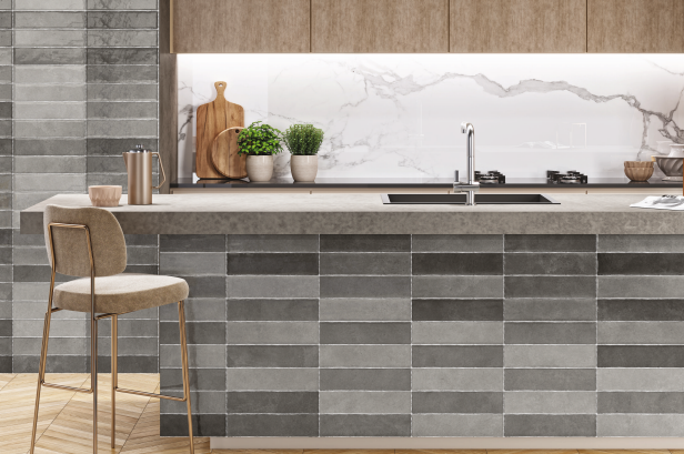 A close-up of a Subway Wall Tile TL 06161 E Eclat Blanc Gleam Touch 12 x 3 inch Ceramic Glossy Finish - 10 mm | 48 Random Design | Suitable for Accent / Feature Walls, Bathroom, Kitchen Wall & Backsplashes with a Glossy finish available at Material Depot in Bangalore