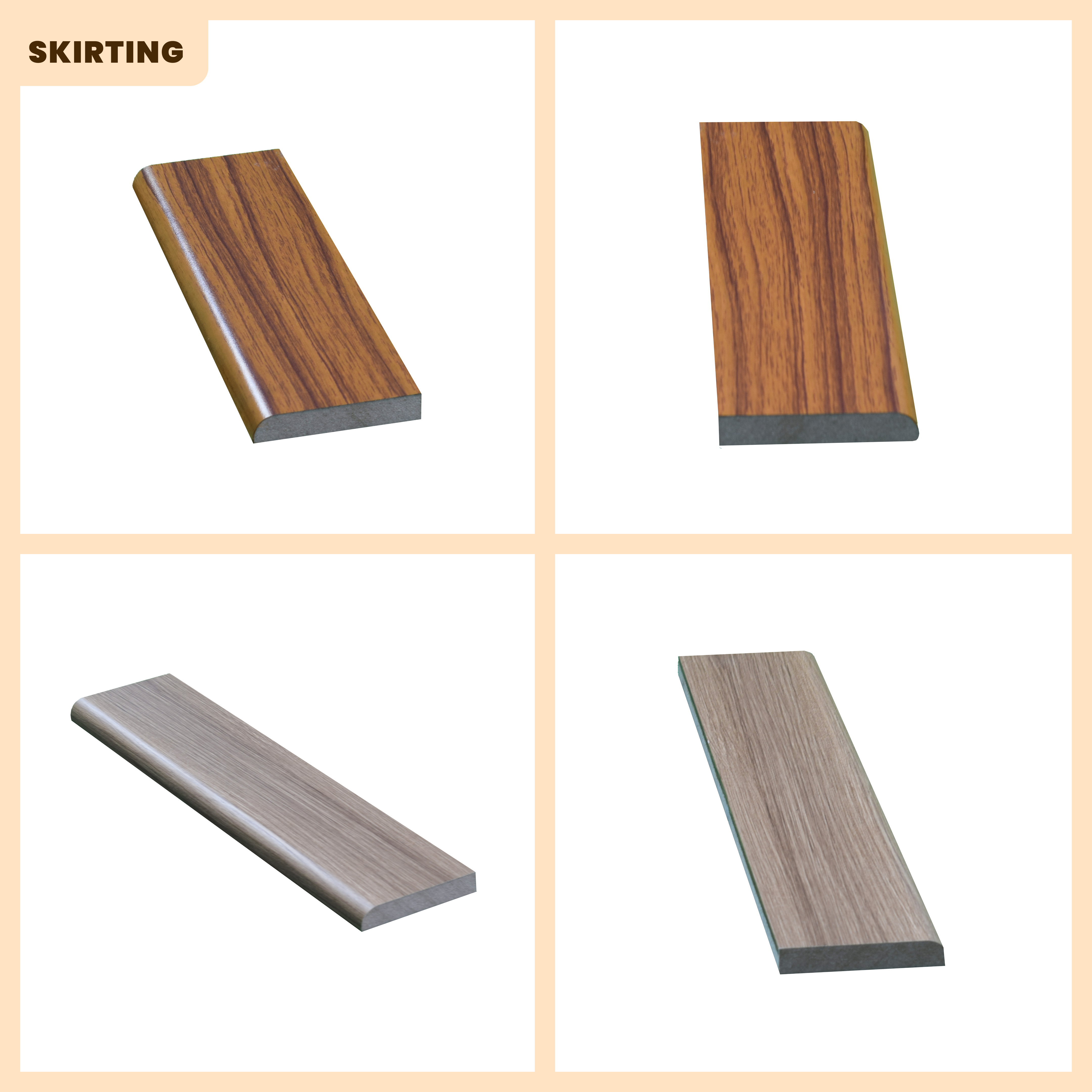 A close-up of a MDF Skirting Timberline TF 00153 D | 8 ft x 4 Inch x 12 mm Compatible for SPC Flooring SP 00077 available at Material Depot in Bangalore