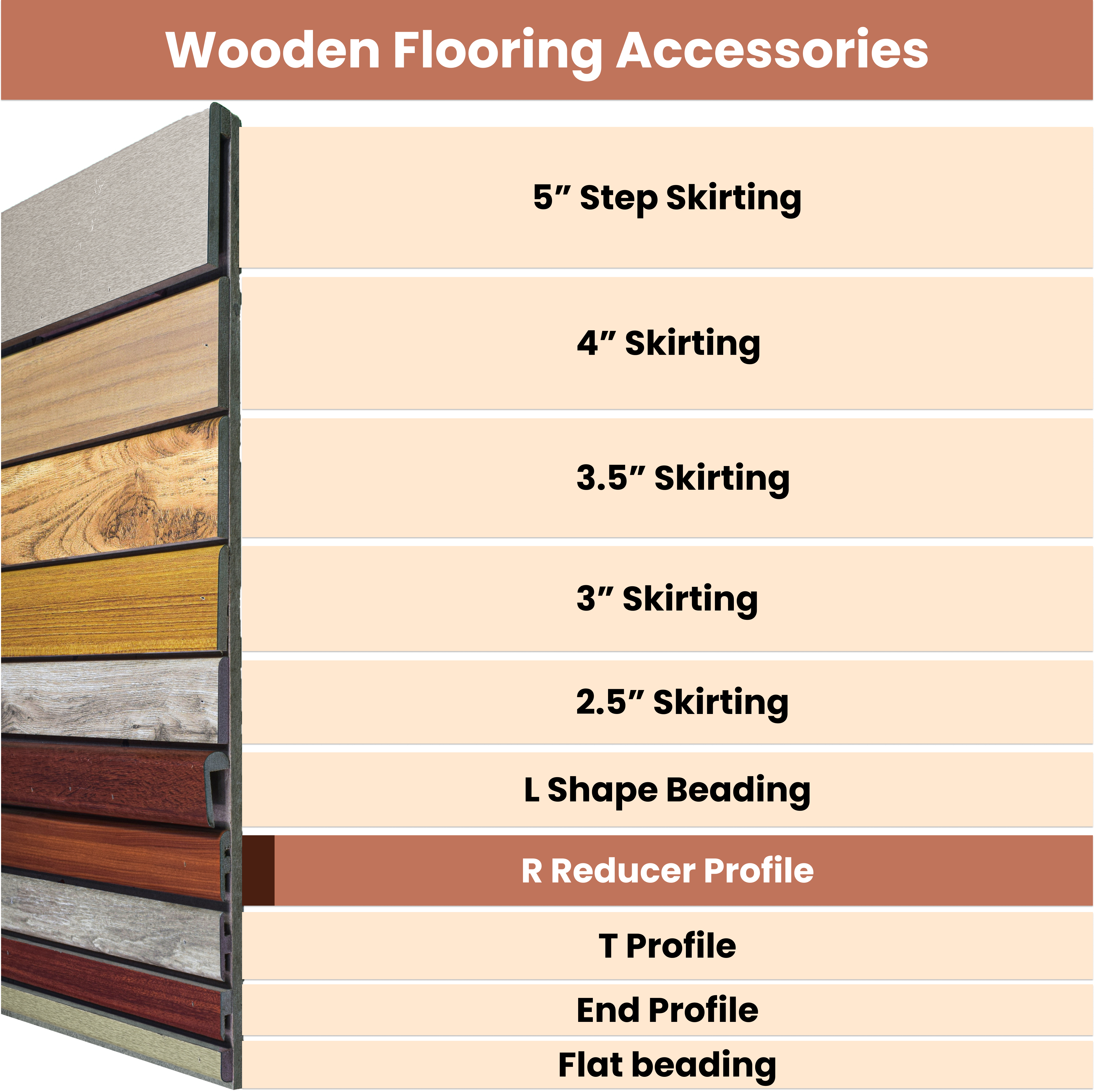 A close-up of a MDF Reducer R Profile Timberline TF 00159 E | 8 ft x 51 mm x 12 mm Compatible for SPC Flooring SP 00083 available at Material Depot in Bangalore