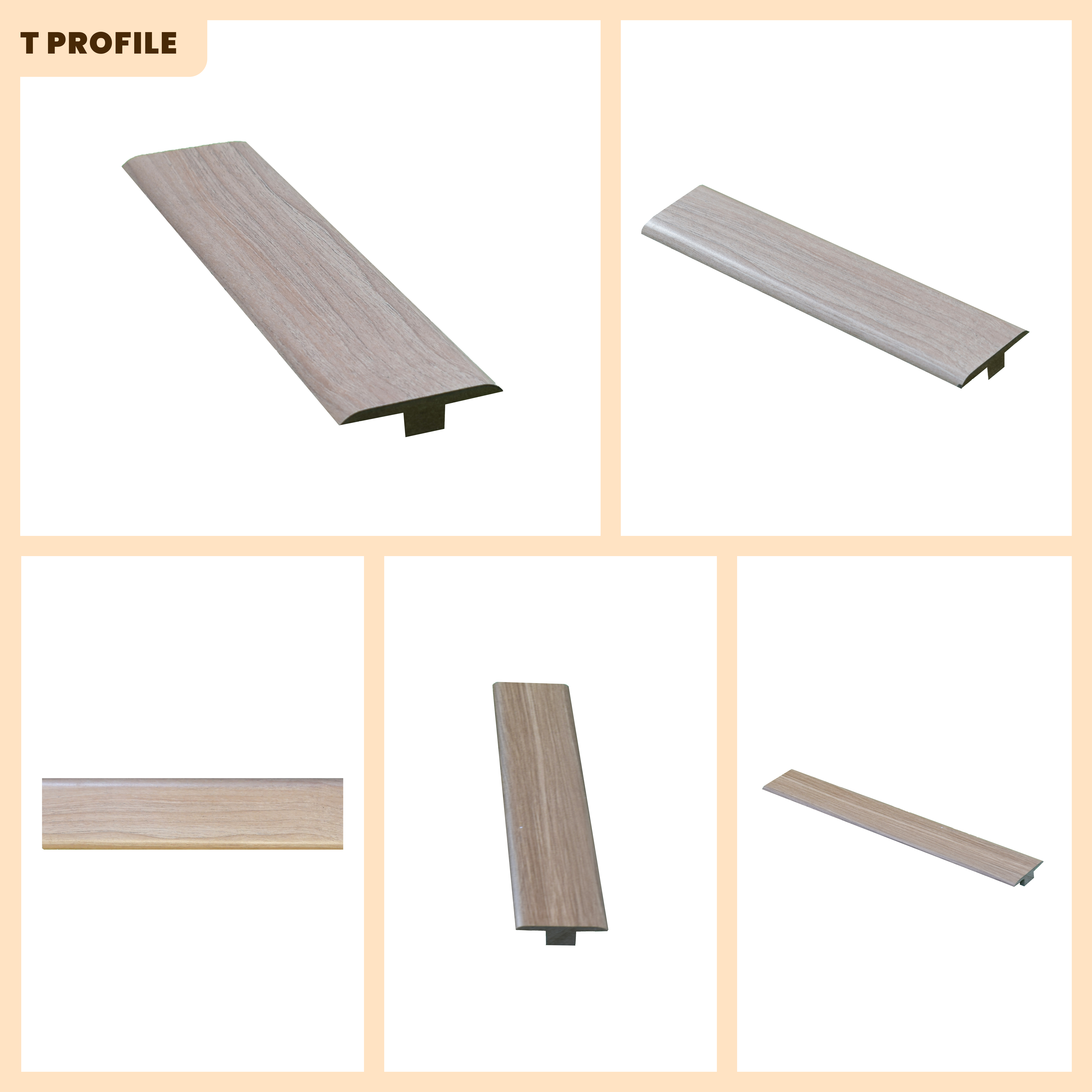 A close-up of a MDF T Profile Timberline TF 00158 F | 8 ft x 51 mm x 12 mm Compatible for SPC Flooring SP 00082 available at Material Depot in Bangalore