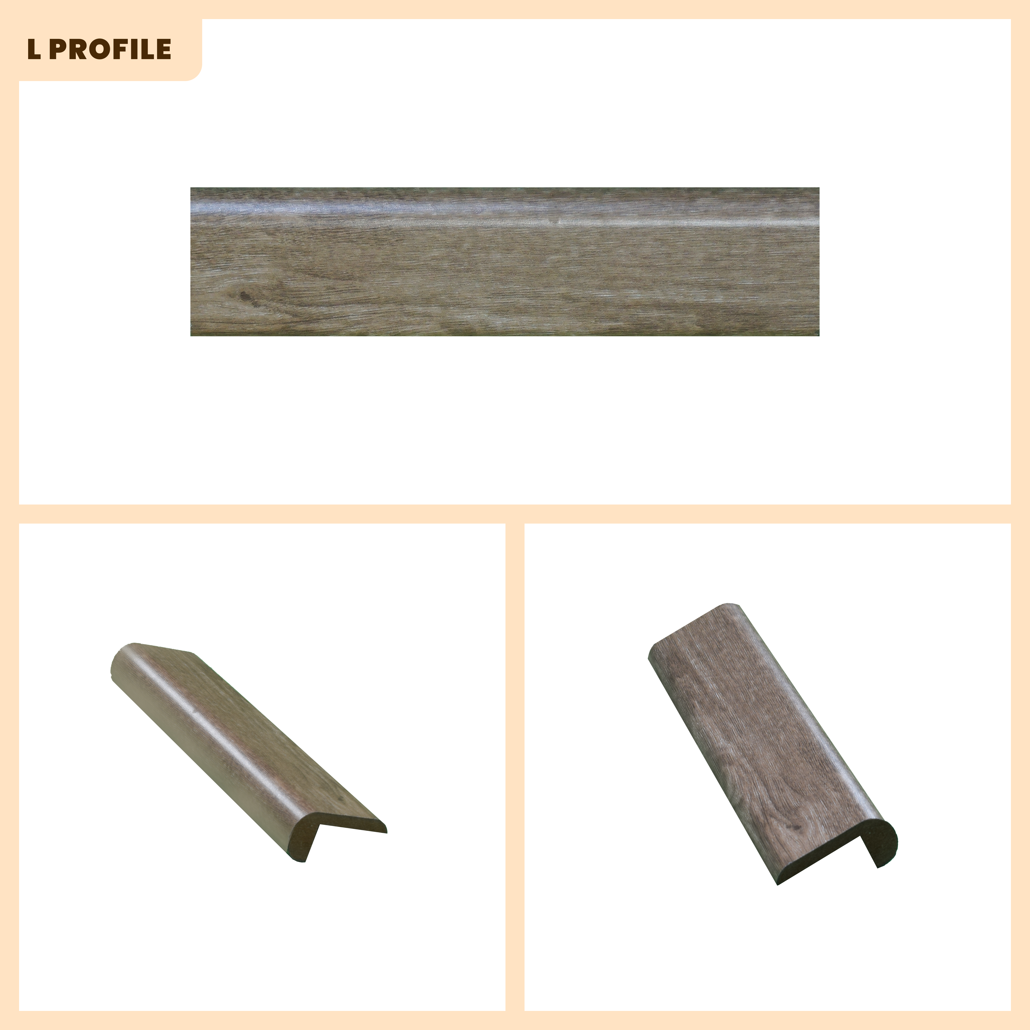 A close-up of a MDF L Nosing Profile Aristo PM 00356 W | 8 ft x 25 x 25 x 12 mm | Compatible for Laminate Wood Floor LF 00243 available at Material Depot in Bangalore