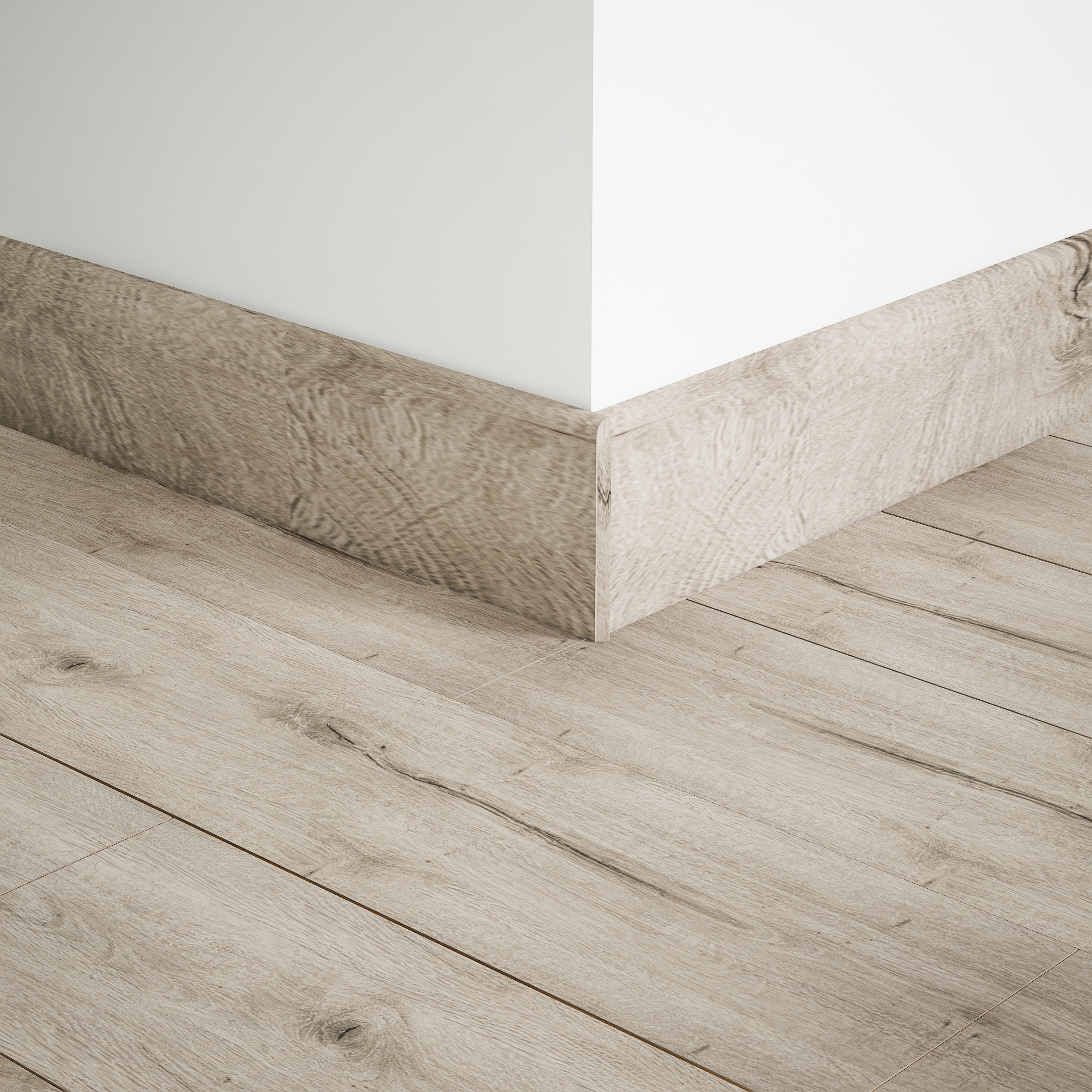 A close-up of a MDF Skirting Aristo Premium PM 00369 D | 8 ft x 2.5 Inch | Compatible for Laminate Wood Floor LF 00246 available at Material Depot in Bangalore