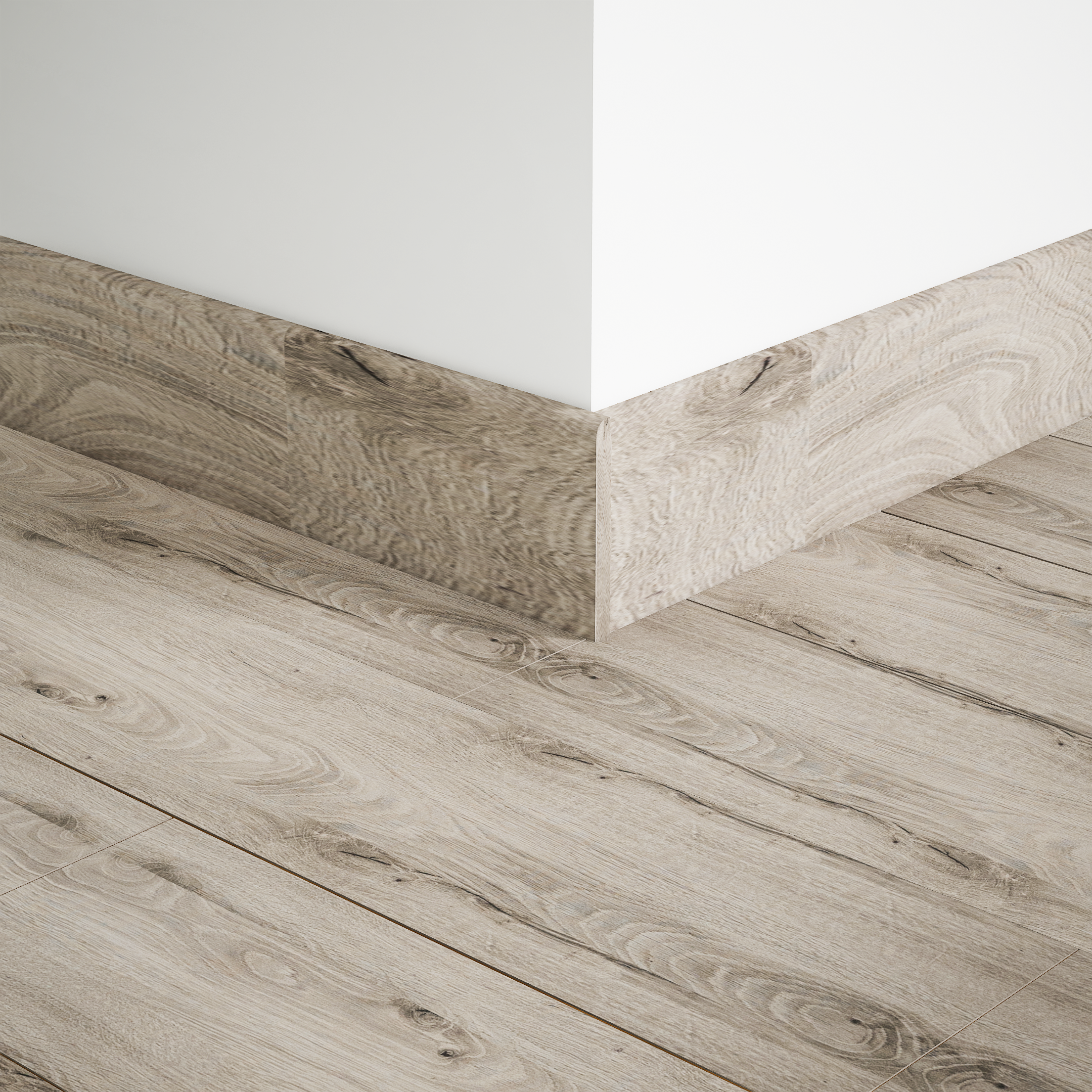 A close-up of a MDF Skirting Aristo Premium PM 00370 D | 8 ft x 2.5 Inch | Compatible for Laminate Wood Floor LF 00248 available at Material Depot in Bangalore