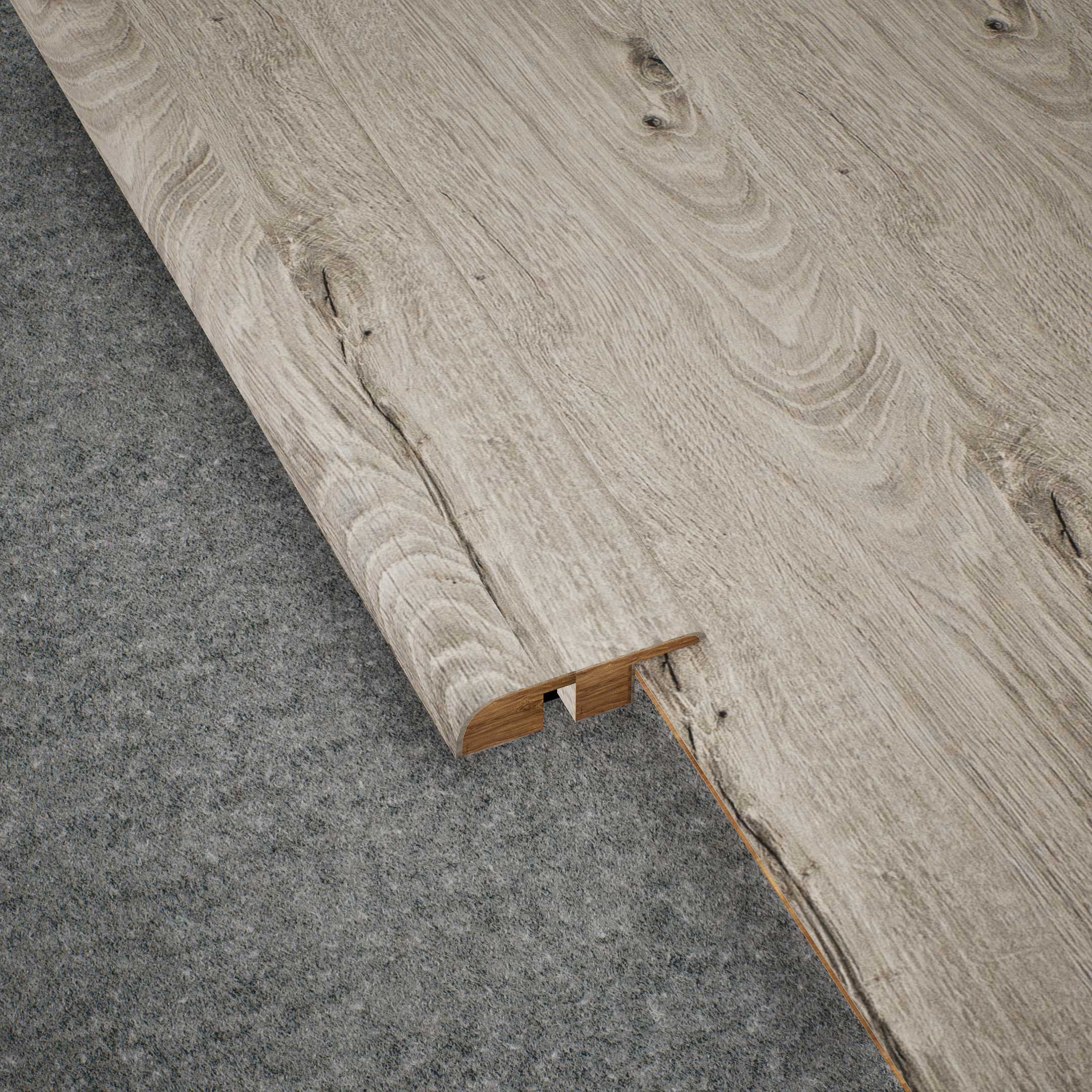 A close-up of a MDF Reducer R Profile Aristo Premium PM 00370 K | 8 ft x 23 mm x 12 mm | Compatible for Laminate Wood Floor LF 00248 available at Material Depot in Bangalore