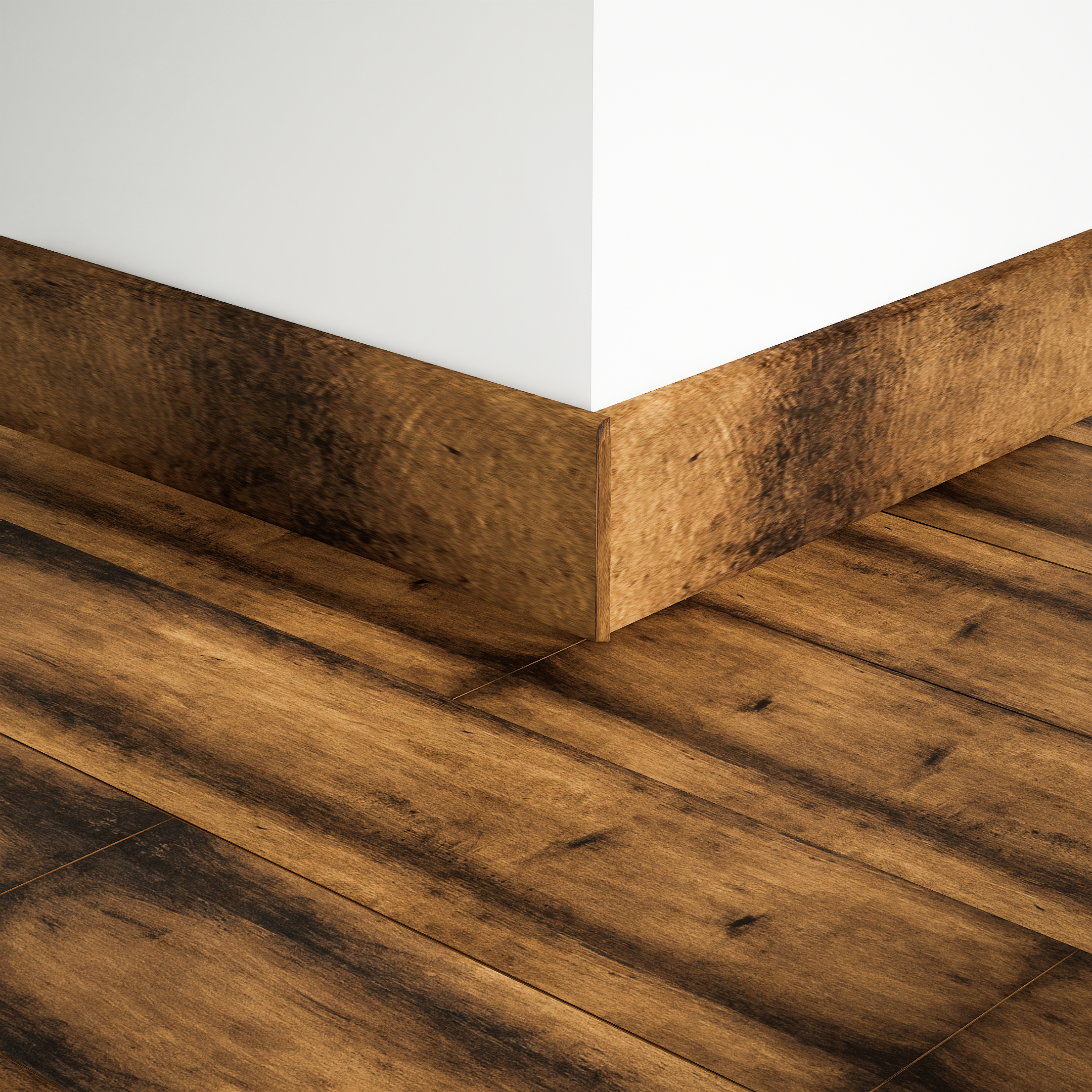 A close-up of a MDF Skirting Edge Flow PM 00382 D | 8 ft x 2.5 Inch | Compatible for Laminate Wood Floor LF 00273 available at Material Depot in Bangalore