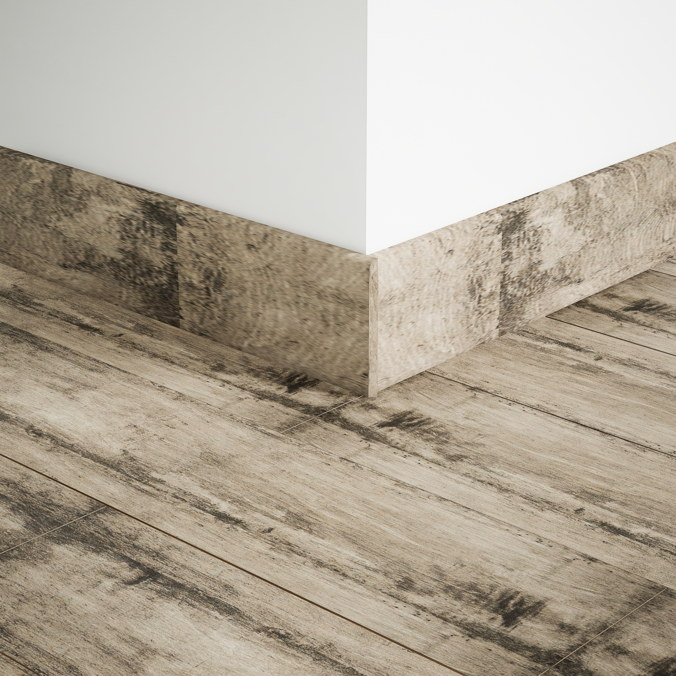 A close-up of a MDF Skirting Edge Flow PM 00379 F | 8 ft x 3.5 Inch | Compatible for Laminate Wood Floor LF 00275 available at Material Depot in Bangalore