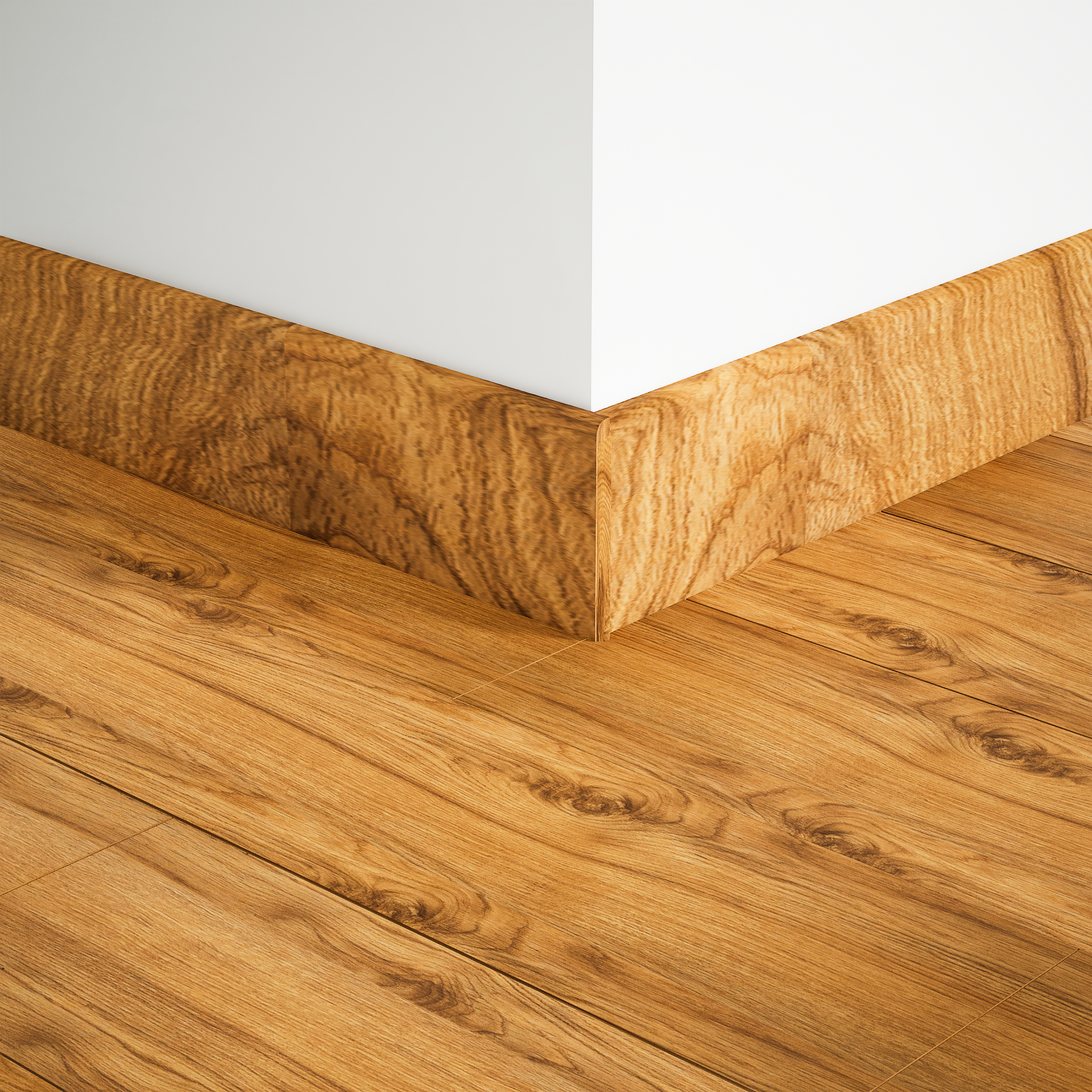 A close-up of a MDF Skirting Aqua Lock PM 00405 D | 8 ft x 2.5 Inch | Compatible for Laminate Wood Floor LF 00288 available at Material Depot in Bangalore