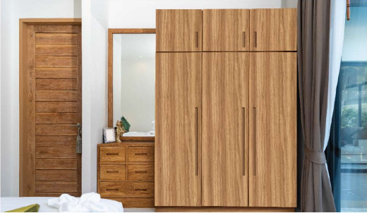 A Wardrobe cabinate application image of a 7653 SUD Malibu Wood Brown Decorative Laminate of 0.8 mm with a Suede finish available at Material Depot in Bangalore