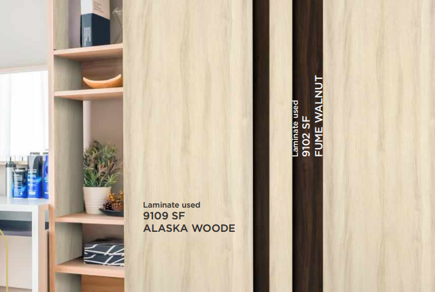 A Wardrobe cabinate application image of a 9109 SF Alaska Woode Beige Decorative Laminate of 1 mm with a Suede finish available at Material Depot in Bangalore