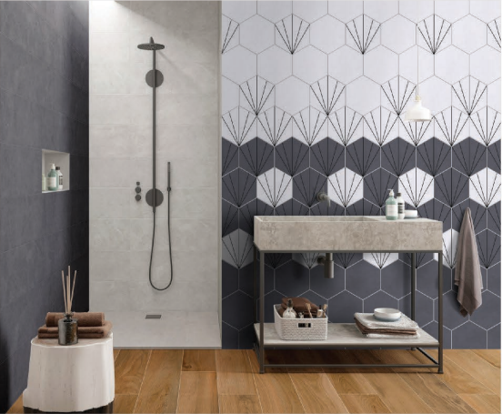 Hexagonal Wall Tile TL 05101 Geome Fellow Ray 12 x 10 inch Vitrified Matte Finish - 9 mm | Suitable for Living Room, Bedroom, Bathroom, Kitchen & Balcony | Image 2