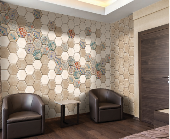Hexagonal Wall Tile TL 05105 C Geome Framery Flora 12 x 10 inch Vitrified Matte Finish - 9 mm | Suitable for Living Room, Bedroom, Bathroom, Kitchen & Balcony | Image 2