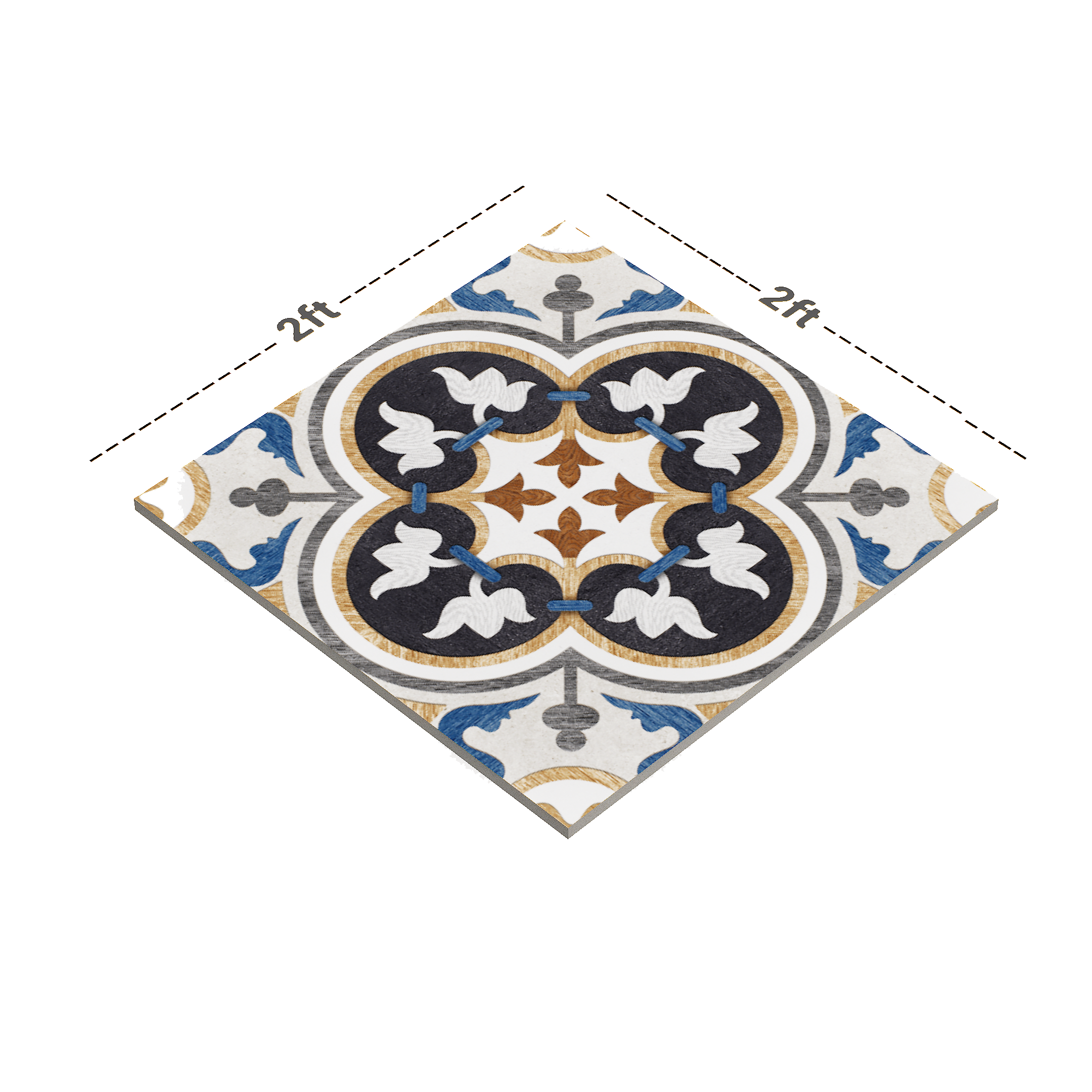 Dimension image of TL 01434 Isabelline Blue 2 ft x 2 ft Matte Finish Wall and Floor Porcelain Moroccan Tile - 9 mm | Material Depot