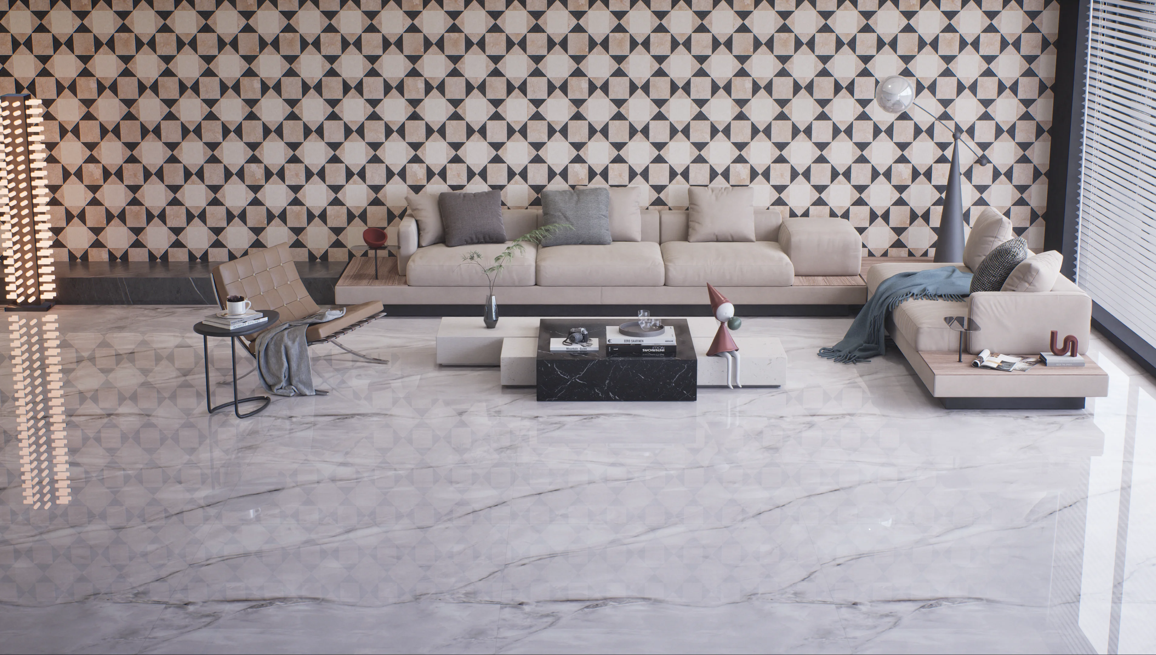 Modern Living Room with Geometric Accent Wall