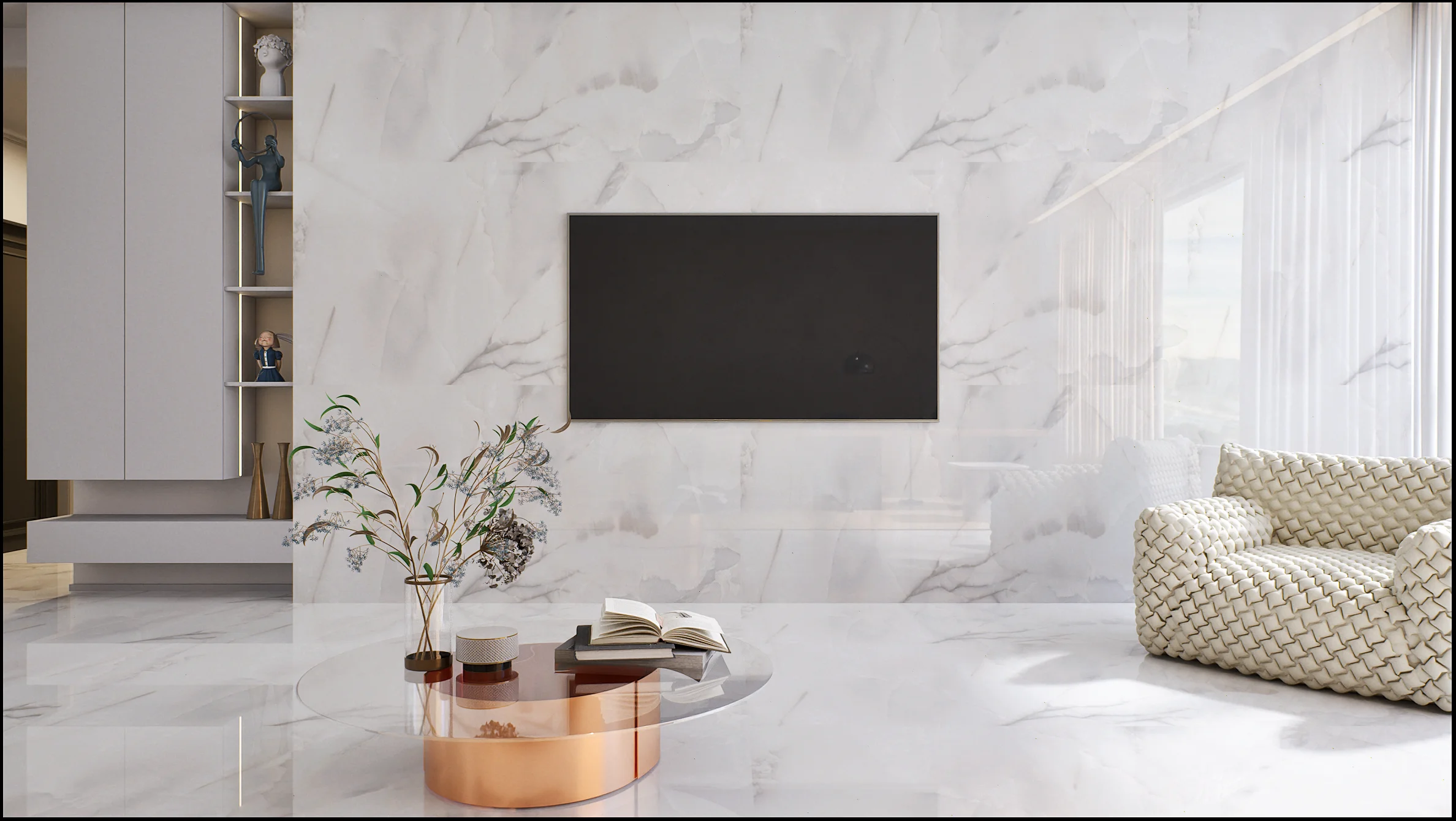 Minimalist Living Room with Marble Walls and Chic Decor - Depot Minimalist Decor
