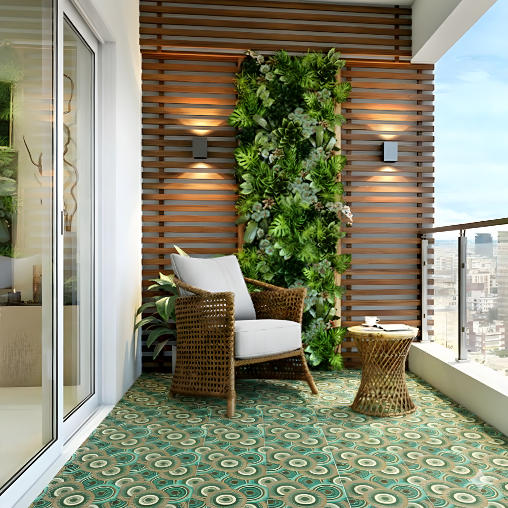 Modern balcony with geometric patterned floor tiles, wooden louvers ...