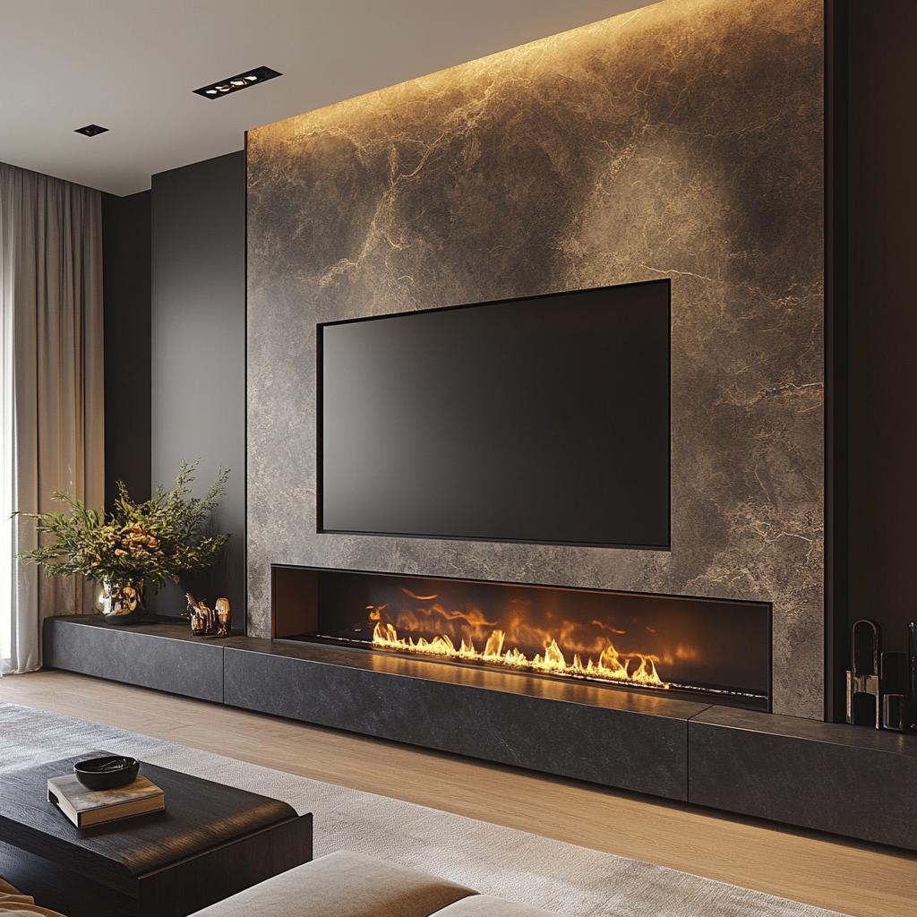 A Cozy Winter Retreat: A Modern Living Room with a Marble Fireplace Wall | Material Depot