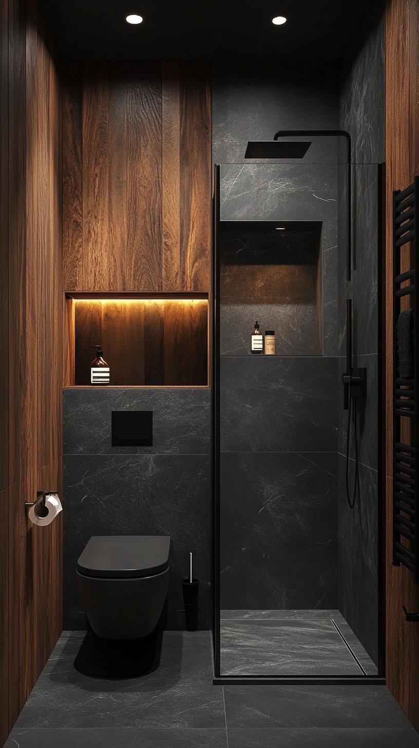 A Dark and Moody Bathroom: A Bold and Edgy Design with Wood Accents | Material Depot