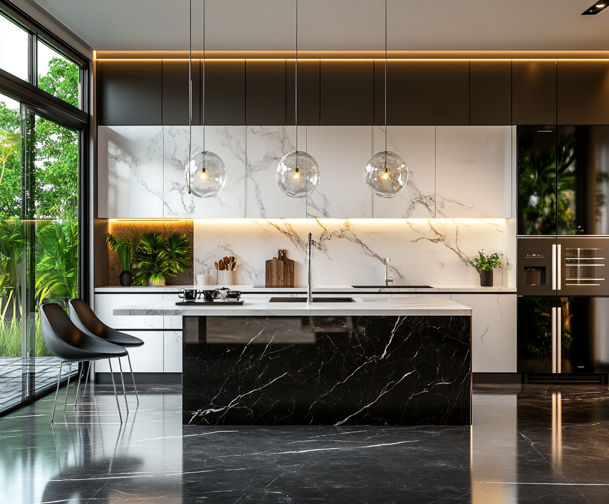 A Luxurious Modern Kitchen: A Blend of Black and White Marble Elegance | Material Depot