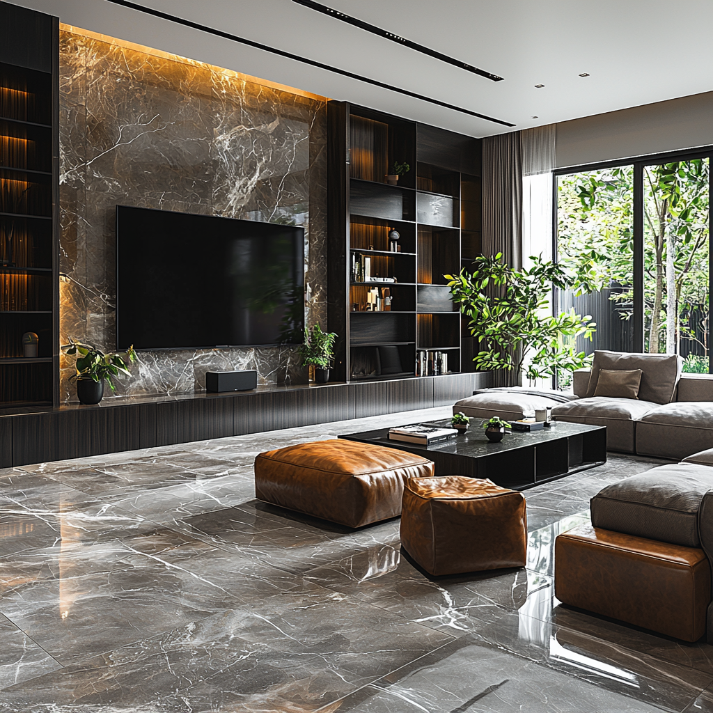 A Luxurious Retreat: A Modern Living Room with a Dramatic Marble Feature Wall | Material Depot