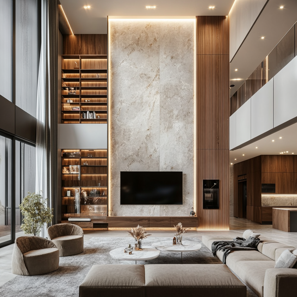 A Modern Masterpiece: A Luxurious Double-Height Living Room with Marble and Wood Accents | Material Depot