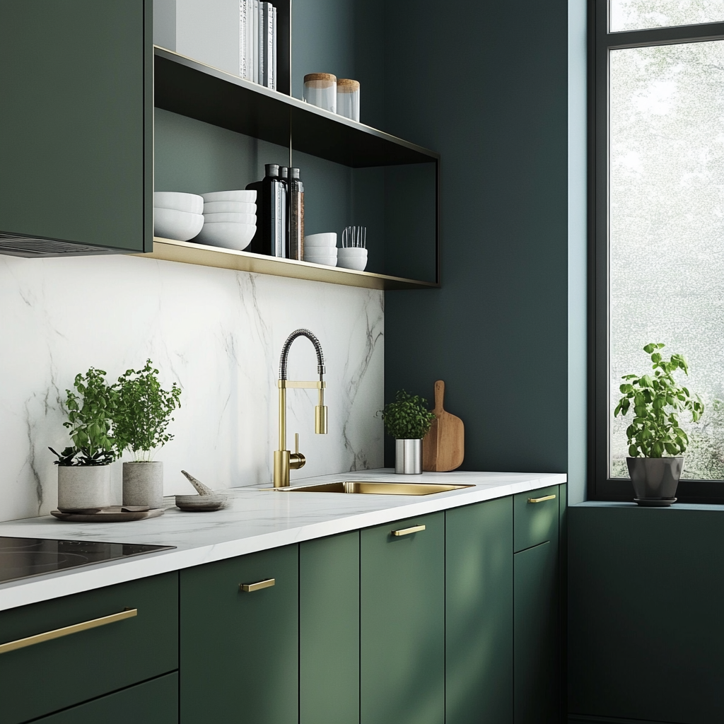 A Serene Green Kitchen: A Minimalist Oasis with Golden Touches | Material Depot